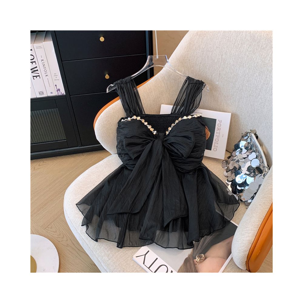 French style heavy duty rhinestone embellished chiffon camisole for women summer style sweet bow padded bra sleeveless skirt top