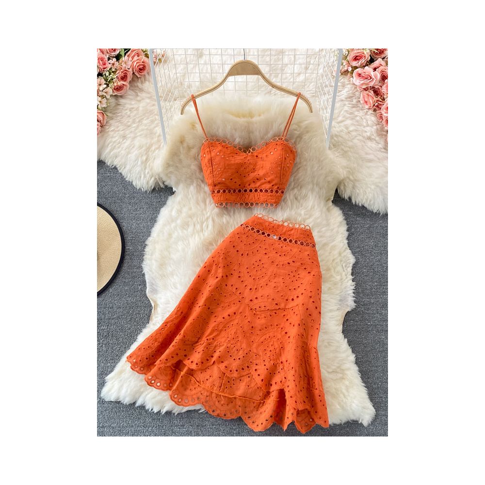 Beach vacation set new summer style backless short strapless camisole top and high waisted ruffle skirt image 0