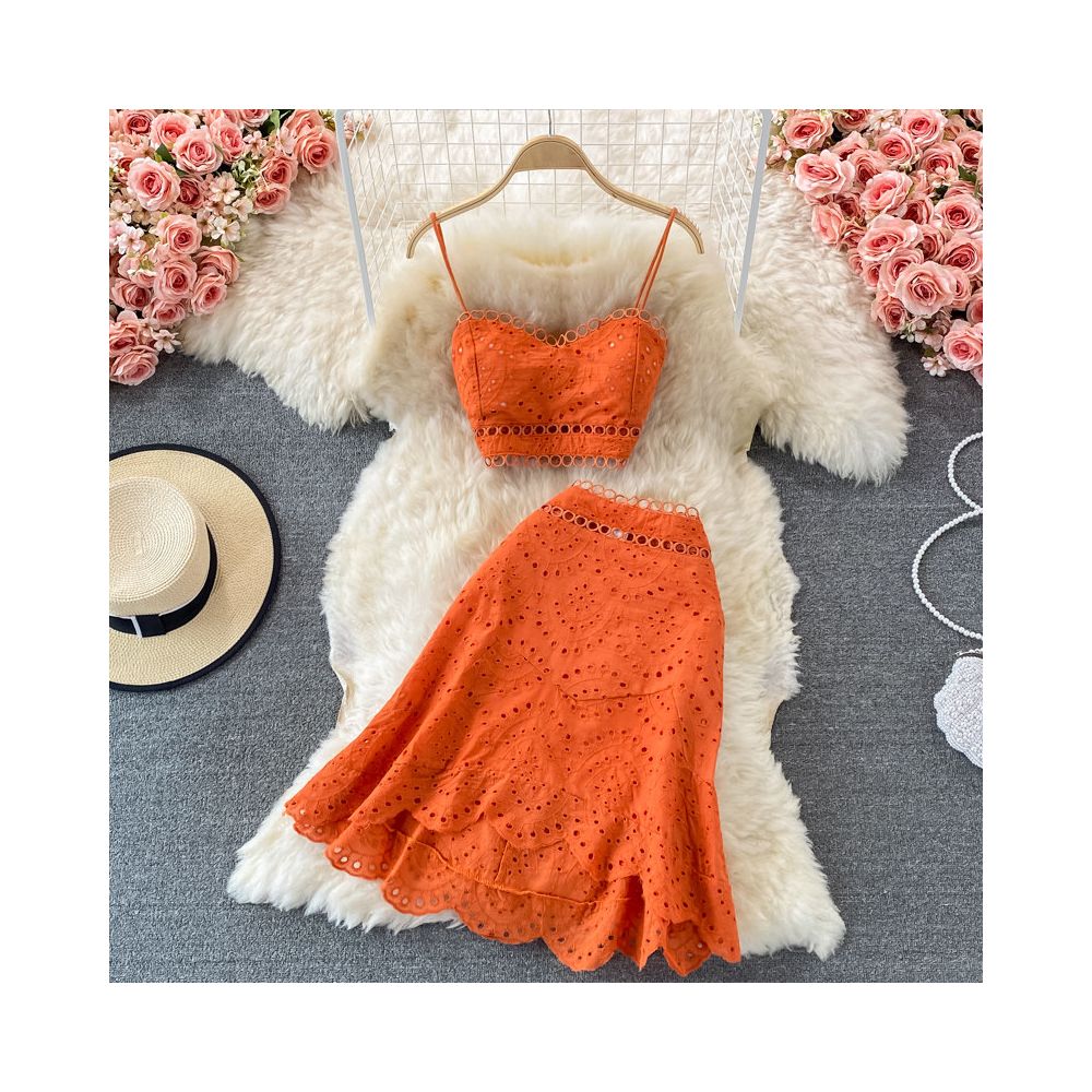 Beach vacation set new summer style backless short strapless camisole top and high waisted ruffle skirt