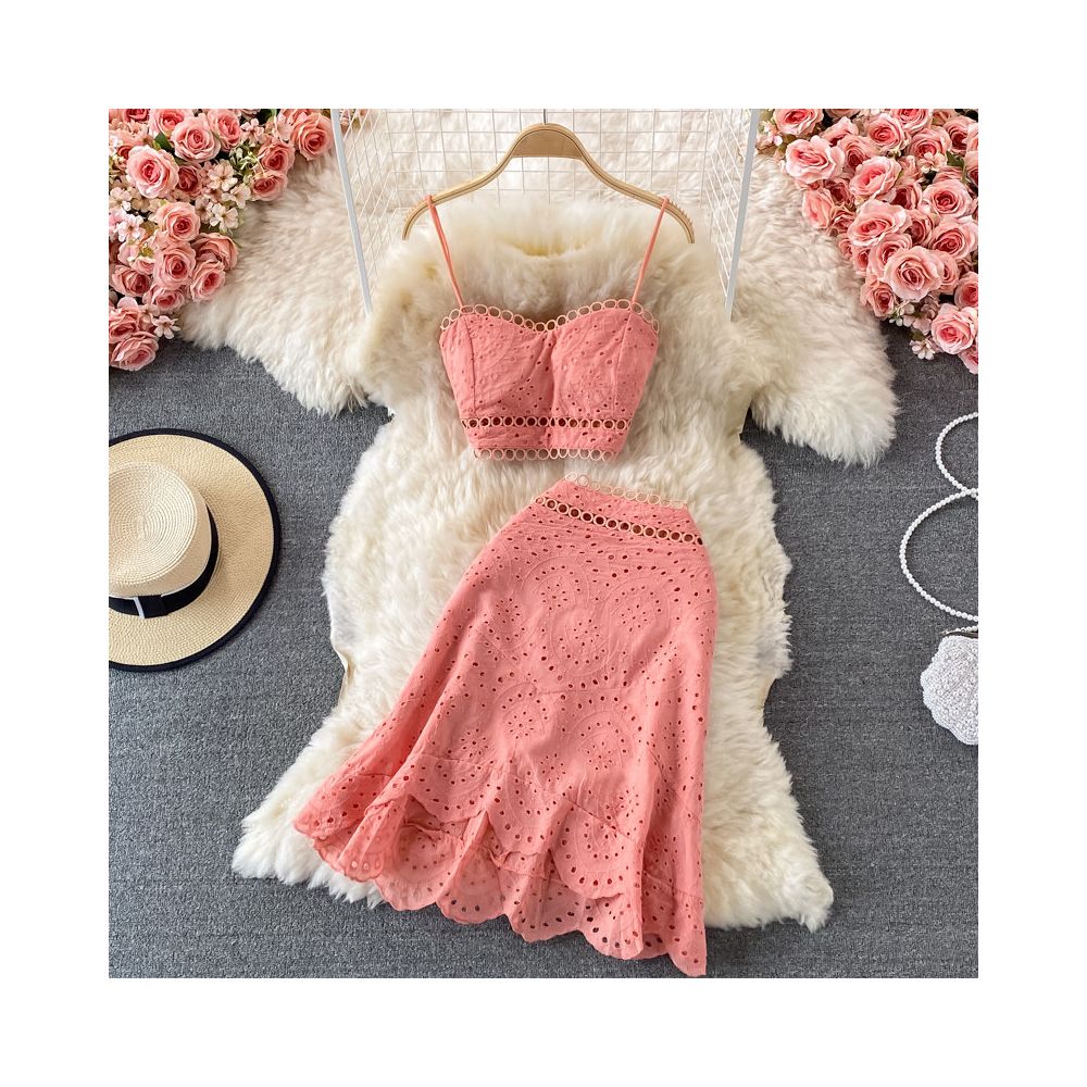 Beach vacation set new summer style backless short strapless camisole top and high waisted ruffle skirt