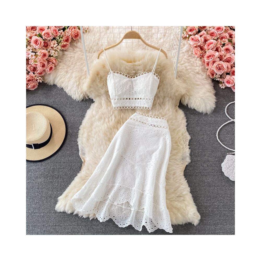 Beach vacation set new summer style backless short strapless camisole top and high waisted ruffle skirt