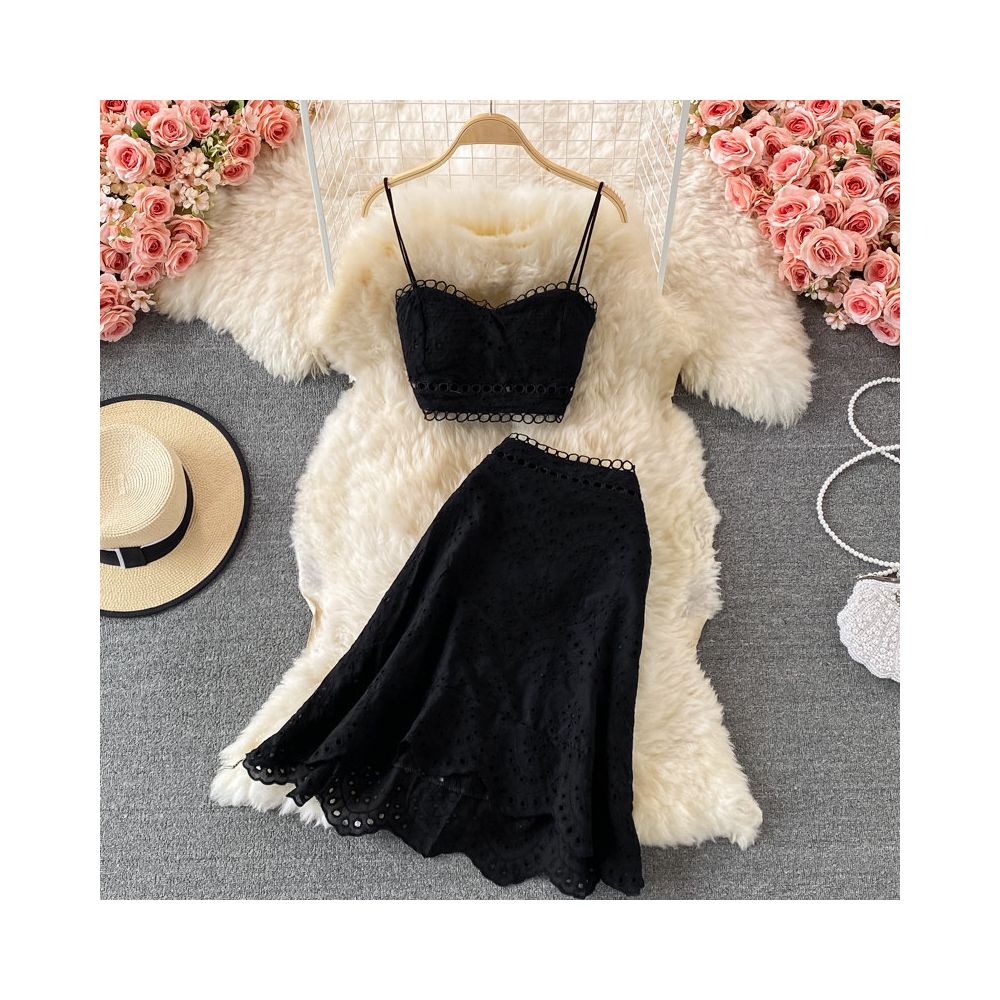 Beach vacation set new summer style backless short strapless camisole top and high waisted ruffle skirt