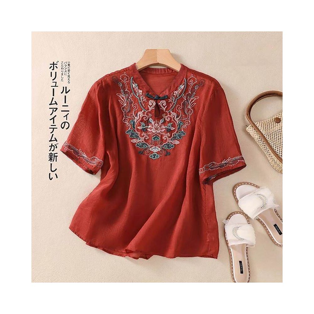 New Chinese style Zen embroidered short sleeved shirt for women summer wear mother s style fashionable loose fit casual thin retro image 2