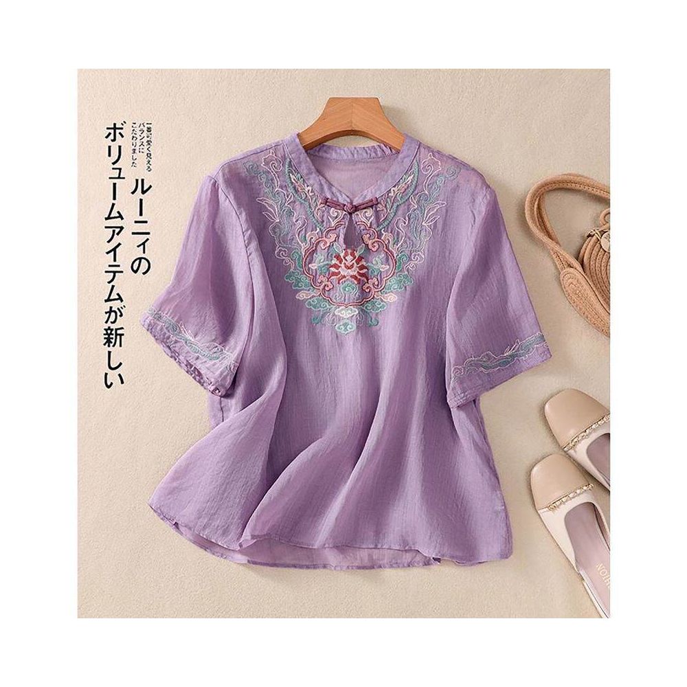 New Chinese style Zen embroidered short sleeved shirt for women summer wear mother s style fashionable loose fit casual thin retro image 3