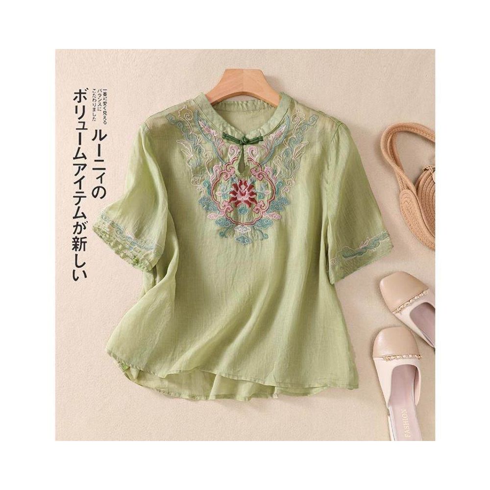 New Chinese style Zen embroidered short sleeved shirt for women summer wear mother s style fashionable loose fit casual thin retro image 4