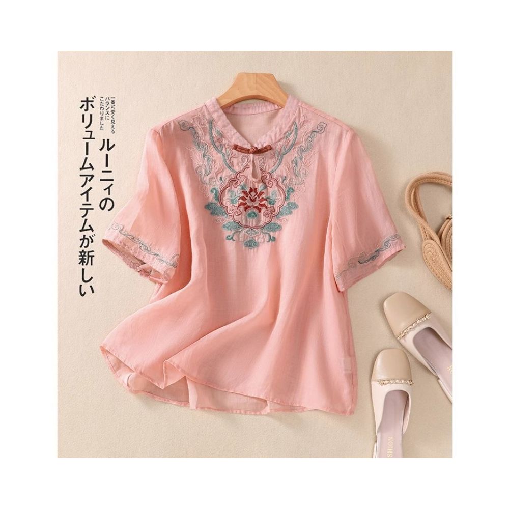 New Chinese style Zen embroidered short sleeved shirt for women summer wear mother s style fashionable loose fit casual thin retro