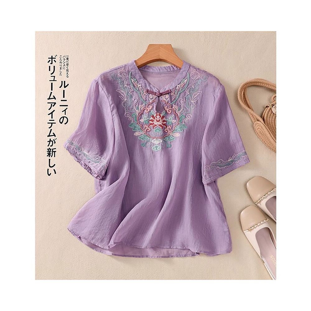 New Chinese style Zen embroidered short sleeved shirt for women summer wear mother s style fashionable loose fit casual thin retro