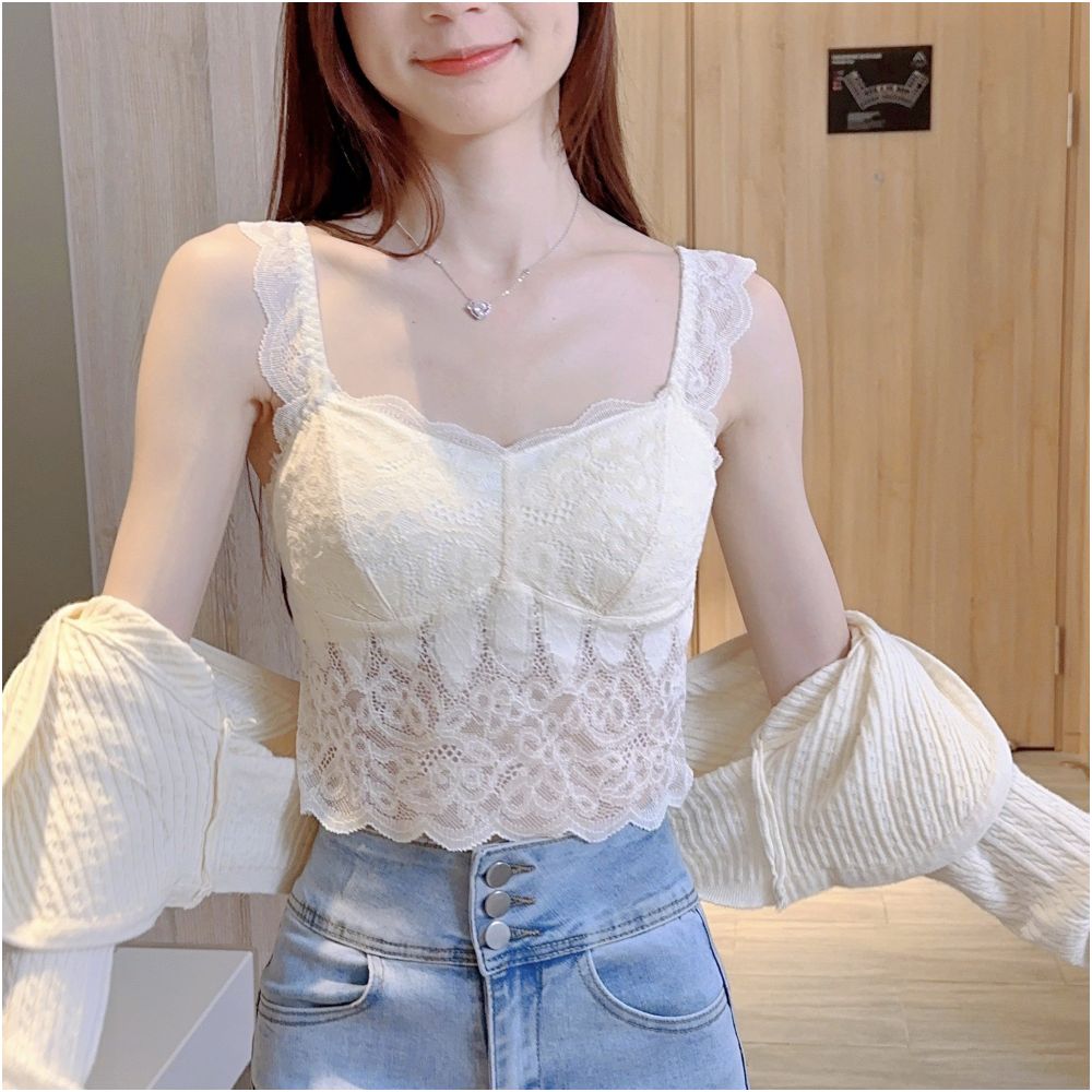 White pure desire small camisole vest for women with chest cushion for inner and outer wear lace backless base short sleeveless top for summer