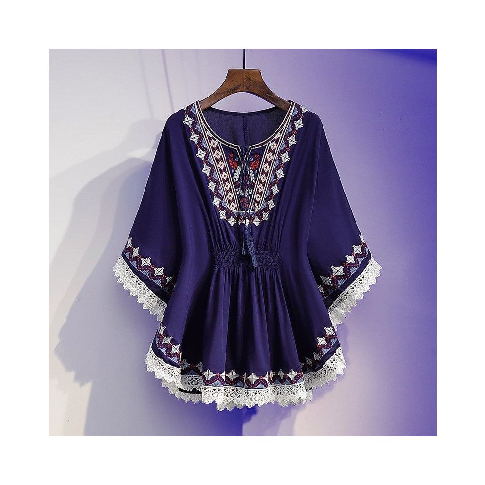 Retro printed T shirt for women loose and slimming covering the belly chiffon shirt Bohemian tassel ethnic style top trendy image 1