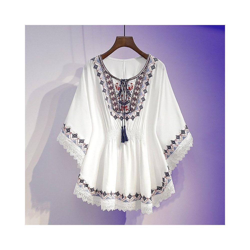 Retro printed T shirt for women loose and slimming covering the belly chiffon shirt Bohemian tassel ethnic style top trendy image 2