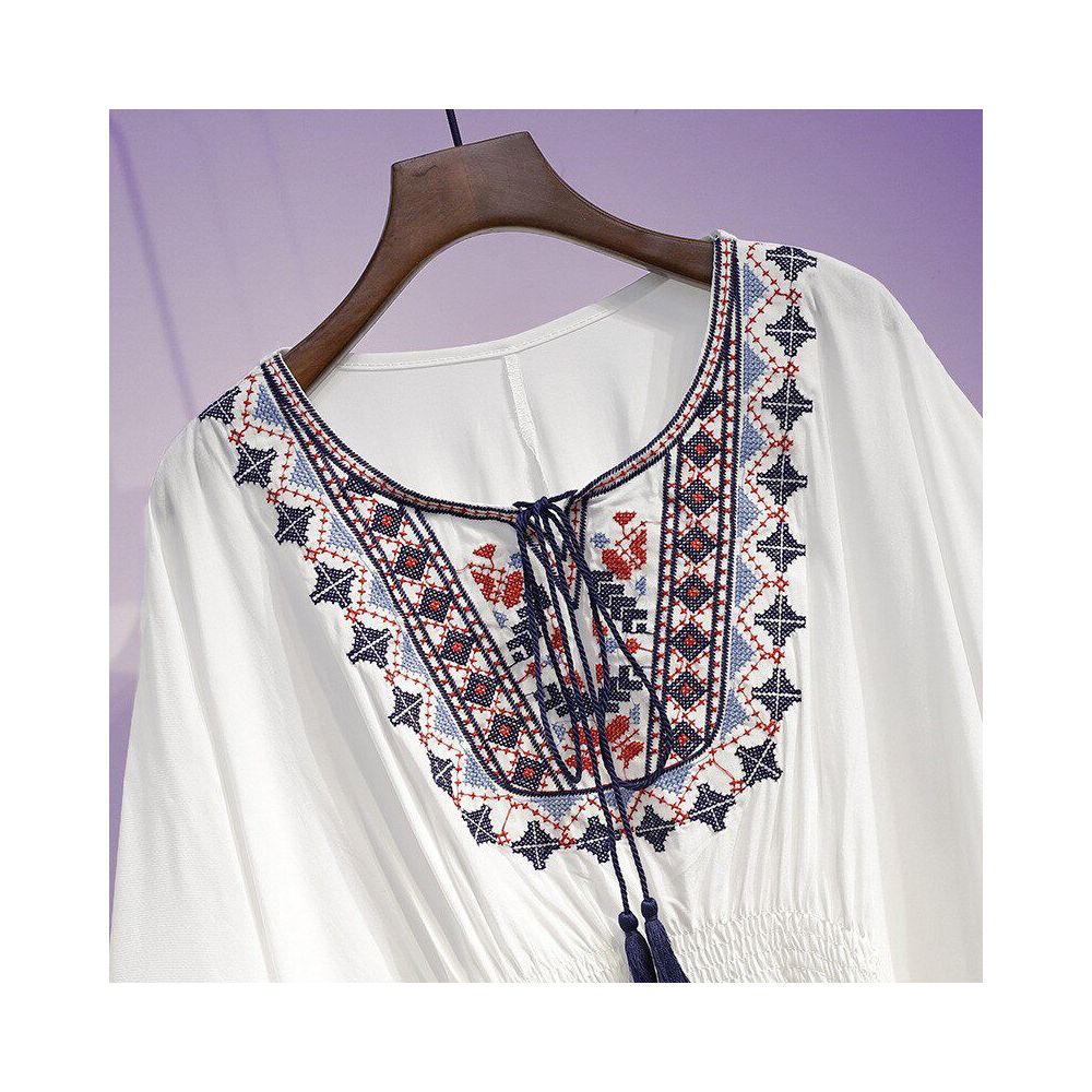 Retro printed T shirt for women loose and slimming covering the belly chiffon shirt Bohemian tassel ethnic style top trendy image 3