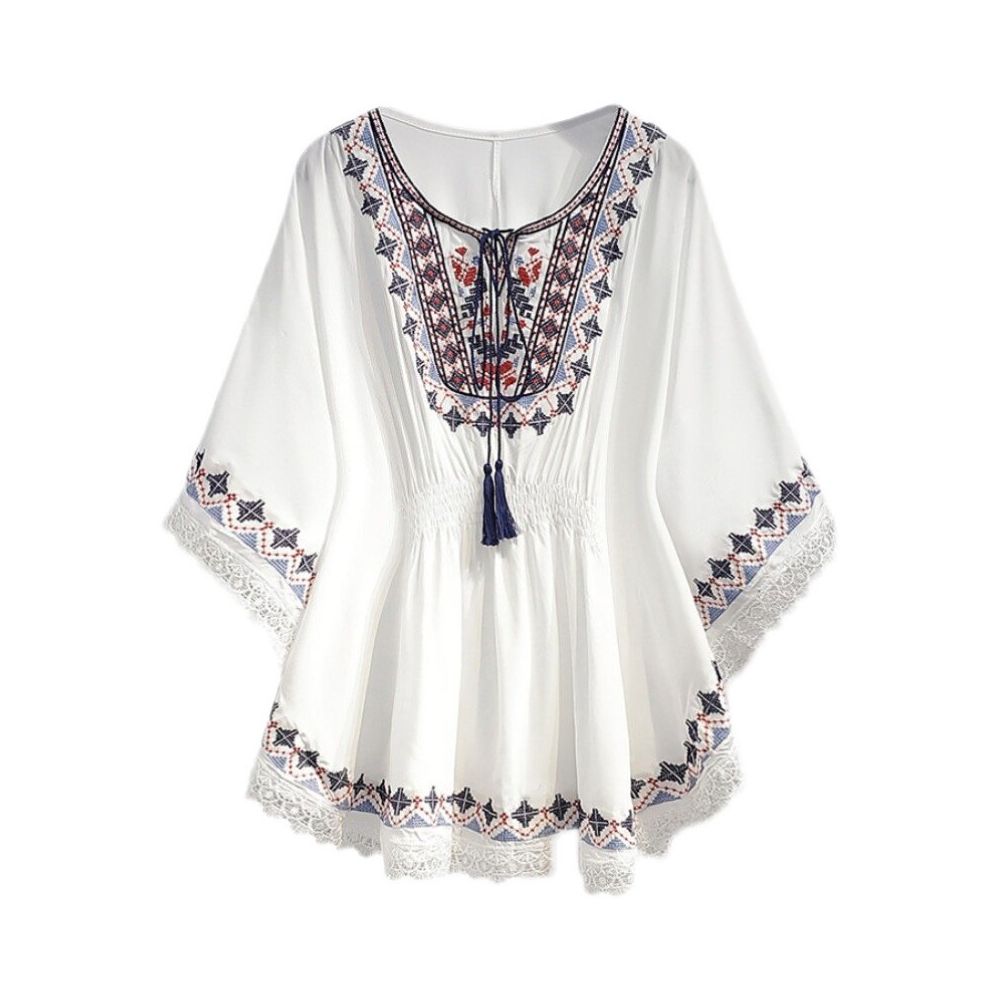 Retro printed T shirt for women loose and slimming covering the belly chiffon shirt Bohemian tassel ethnic style top trendy image 4