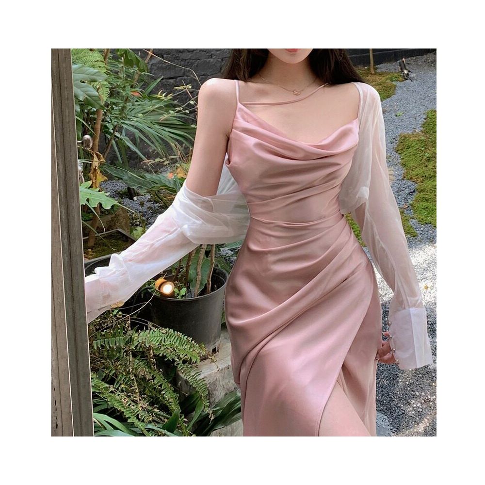 French acetate satin camisole dress for women s morning spring wear 2025 new style sexy swing collar slit holiday long dress for summer image 1
