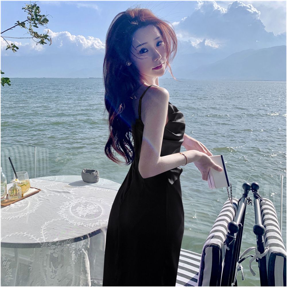 French acetate satin camisole dress for women s morning spring wear 2025 new style sexy swing collar slit holiday long dress for summer