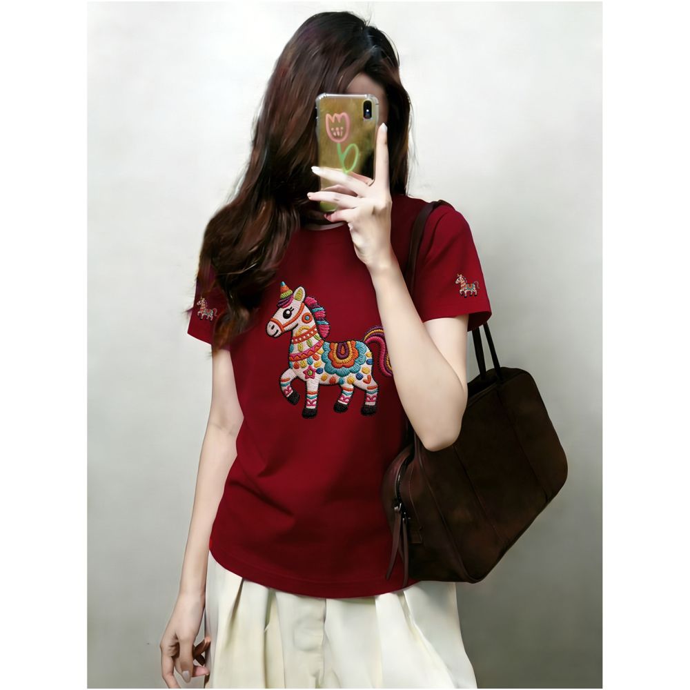 Large size women s 2026 summer new item belly covering round neck fat mm slimming New Year s red pony shoulder short sleeved t shirt image 2
