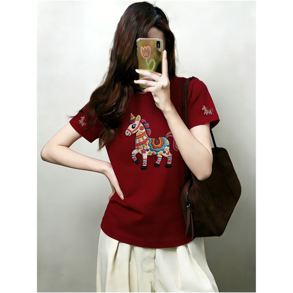 Large size women s 2026 summer new item belly covering round neck fat mm slimming New Year s red pony shoulder short sleeved t shirt image 3