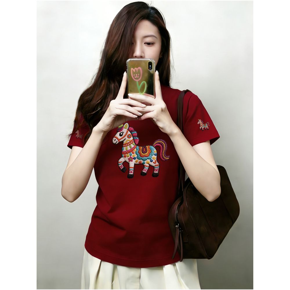 Large size women s 2026 summer new item belly covering round neck fat mm slimming New Year s red pony shoulder short sleeved t shirt image 5