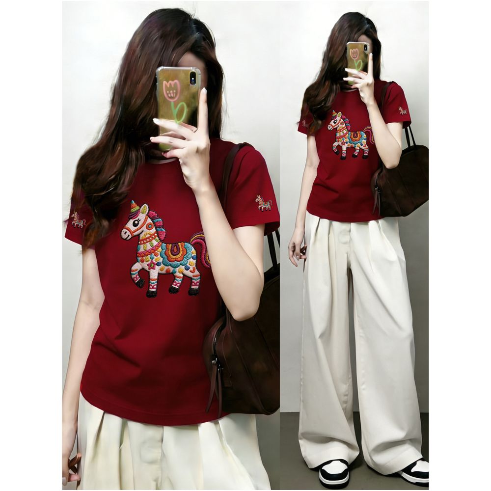 Large size women s 2026 summer new item belly covering round neck fat mm slimming New Year s red pony shoulder short sleeved t shirt image 0