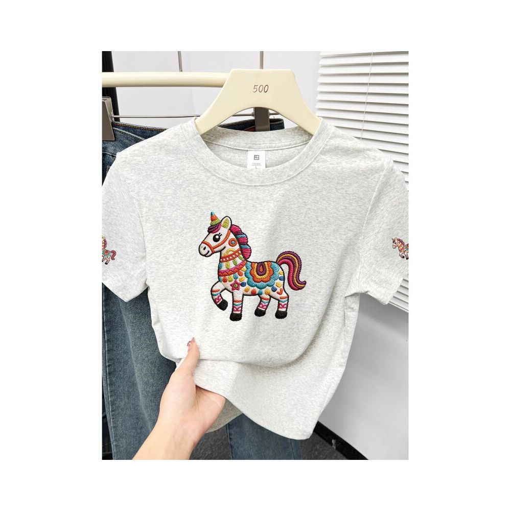 Large size women s 2026 summer new item belly covering round neck fat mm slimming New Year s red pony shoulder short sleeved t shirt