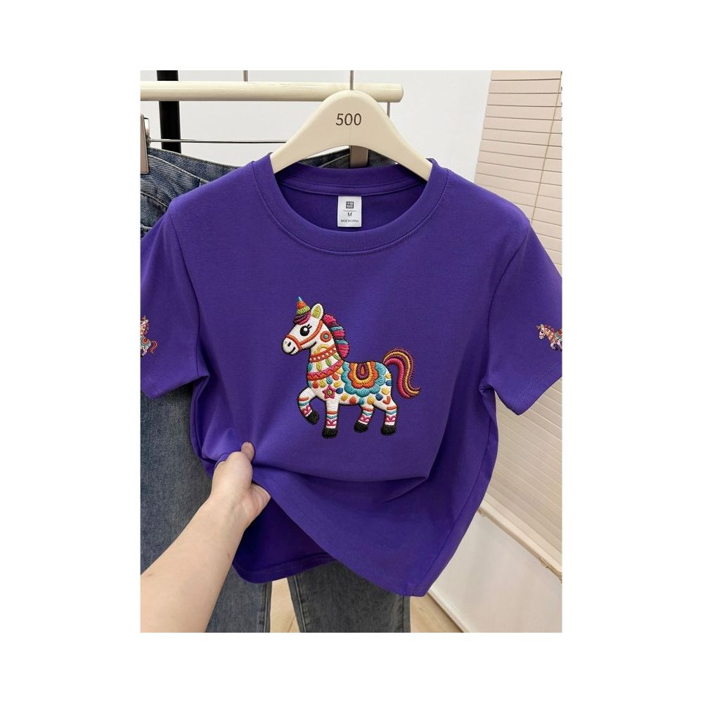 Large size women s 2026 summer new item belly covering round neck fat mm slimming New Year s red pony shoulder short sleeved t shirt