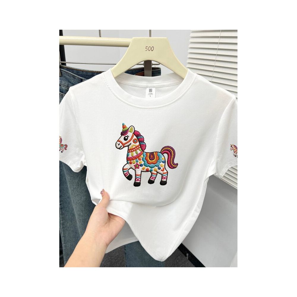 Large size women s 2026 summer new item belly covering round neck fat mm slimming New Year s red pony shoulder short sleeved t shirt