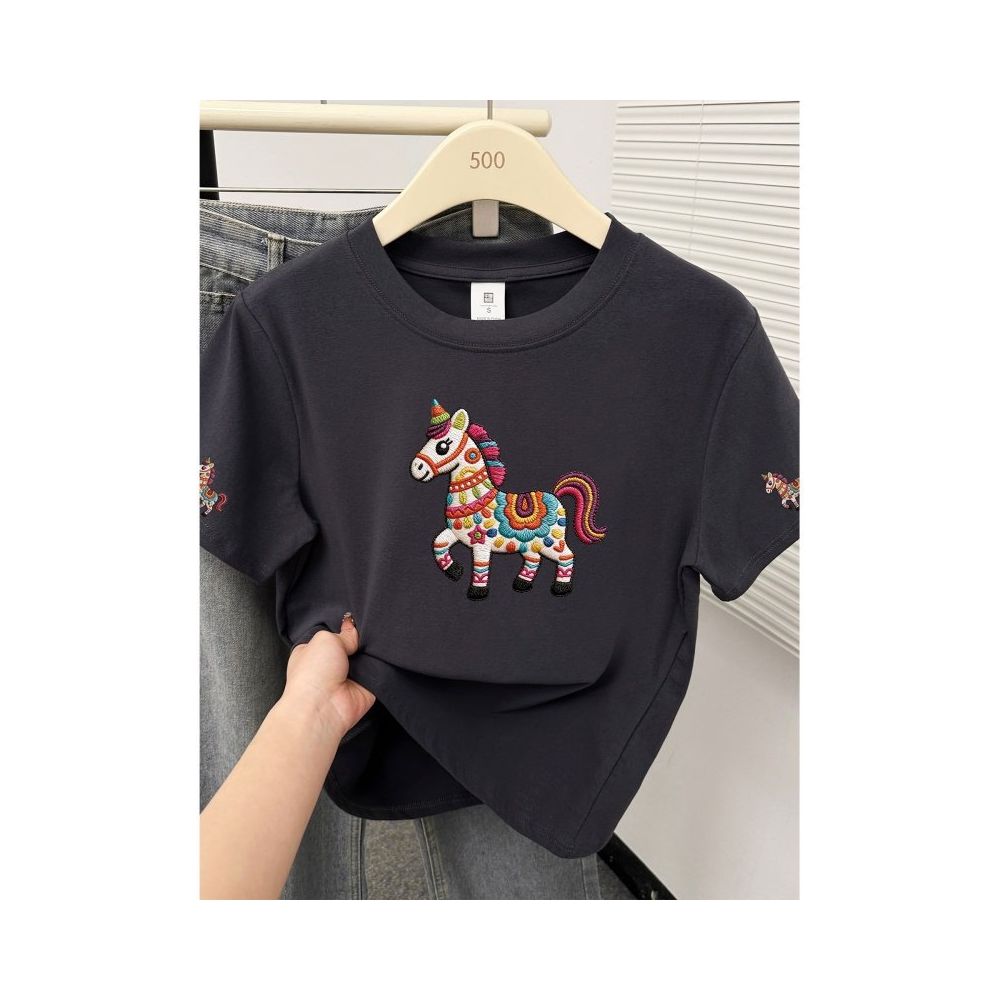 Large size women s 2026 summer new item belly covering round neck fat mm slimming New Year s red pony shoulder short sleeved t shirt