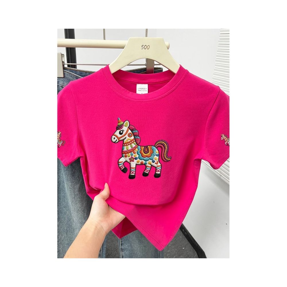Large size women s 2026 summer new item belly covering round neck fat mm slimming New Year s red pony shoulder short sleeved t shirt