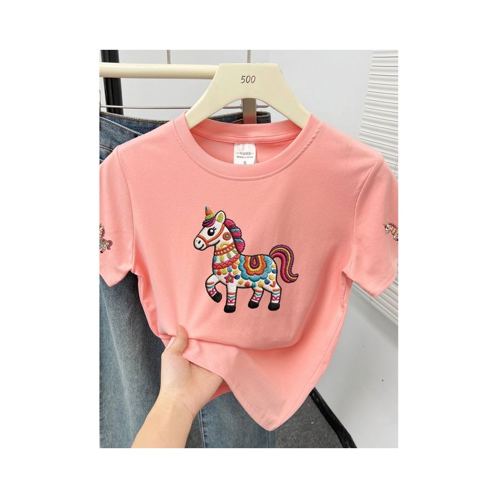 Large size women s 2026 summer new item belly covering round neck fat mm slimming New Year s red pony shoulder short sleeved t shirt