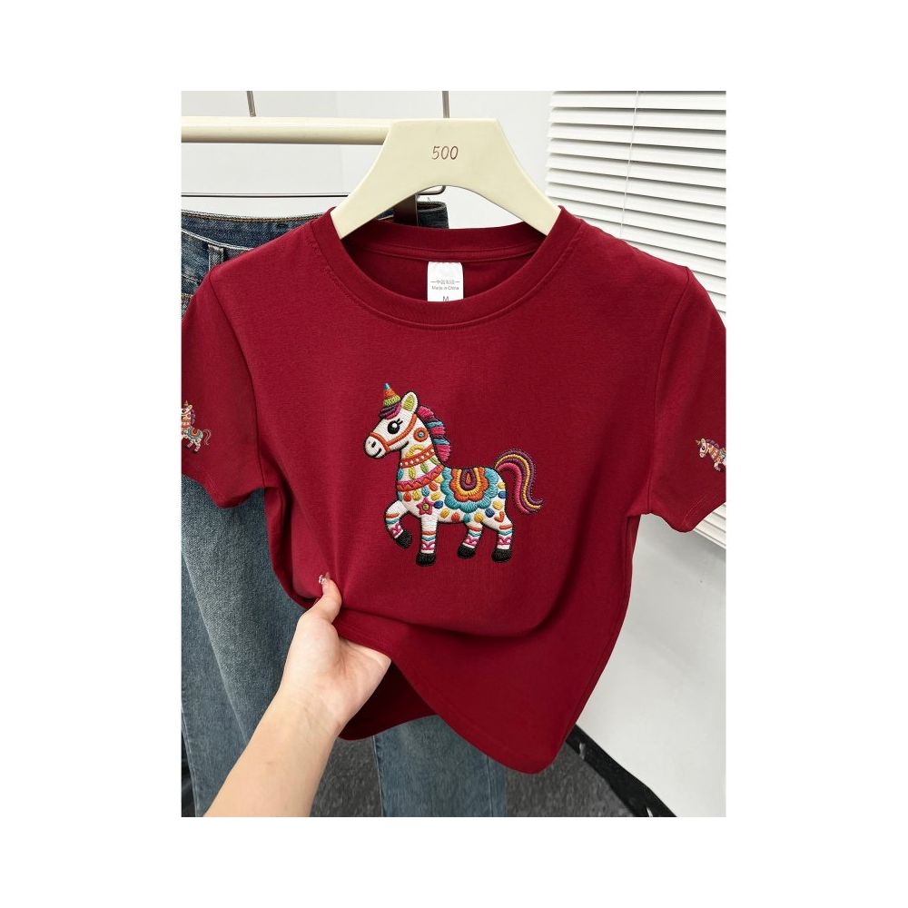 Large size women s 2026 summer new item belly covering round neck fat mm slimming New Year s red pony shoulder short sleeved t shirt