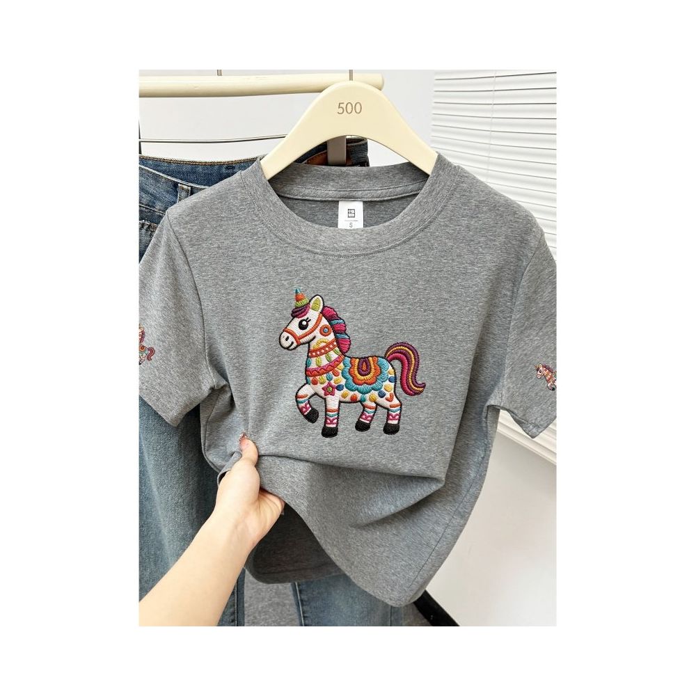 Large size women s 2026 summer new item belly covering round neck fat mm slimming New Year s red pony shoulder short sleeved t shirt