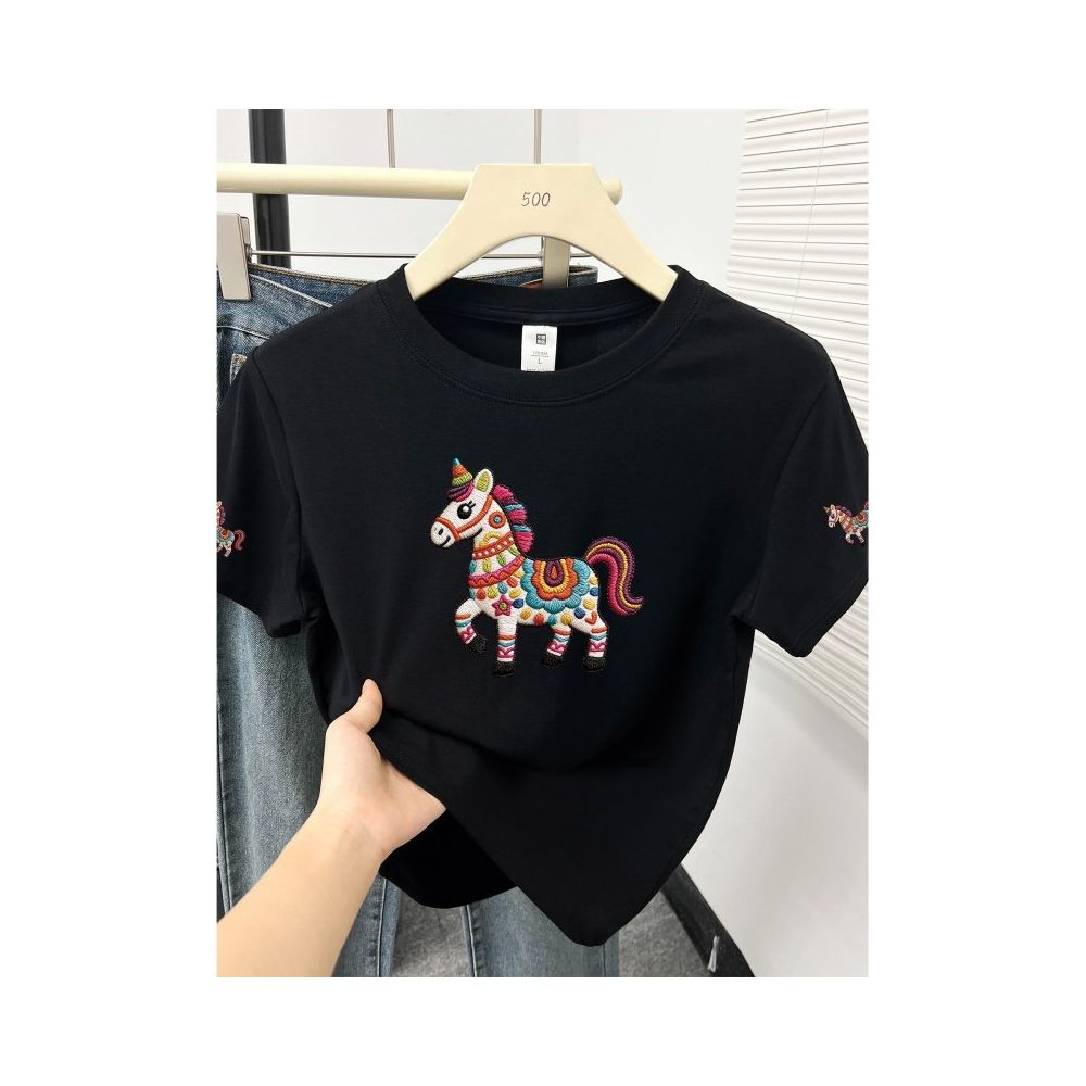 Large size women s 2026 summer new item belly covering round neck fat mm slimming New Year s red pony shoulder short sleeved t shirt