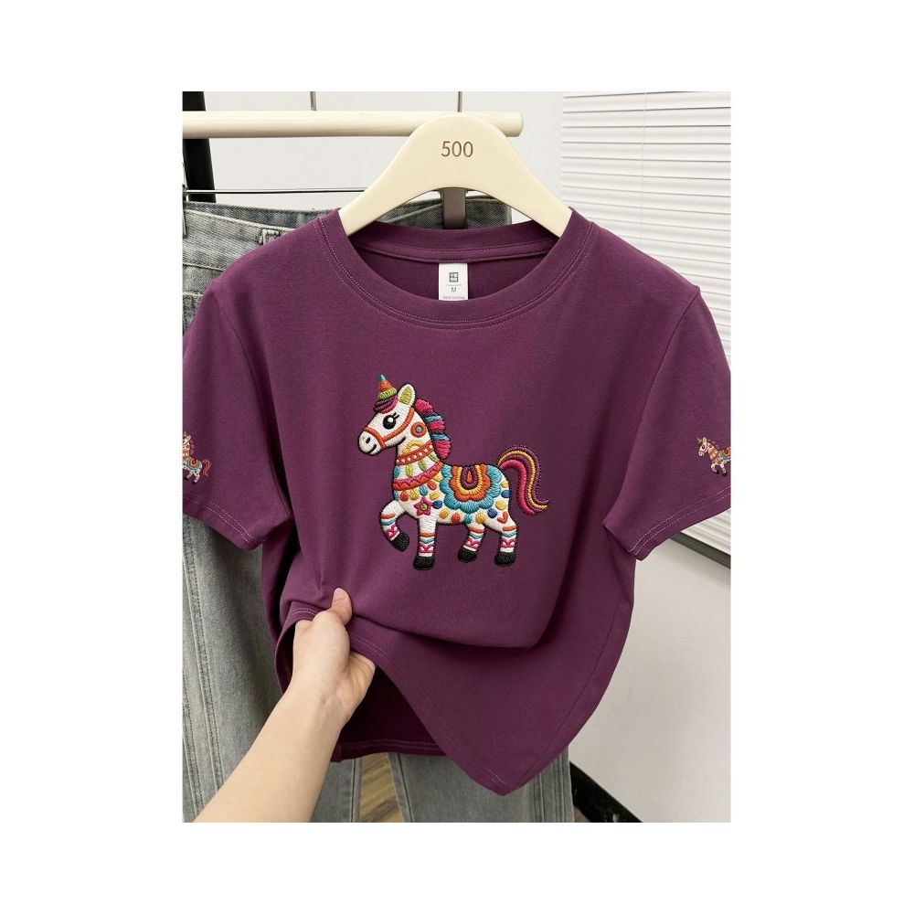 Large size women s 2026 summer new item belly covering round neck fat mm slimming New Year s red pony shoulder short sleeved t shirt