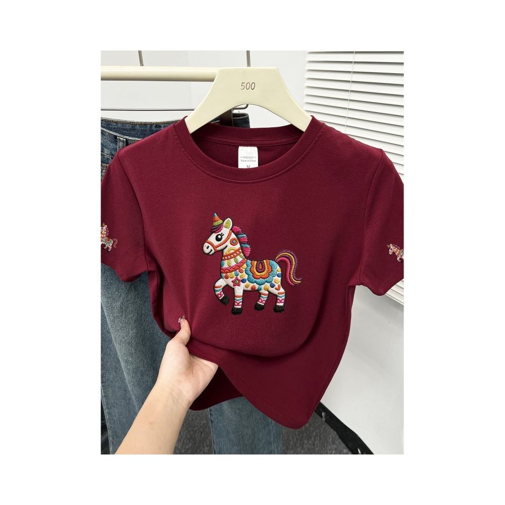 Large size women s 2026 summer new item belly covering round neck fat mm slimming New Year s red pony shoulder short sleeved t shirt