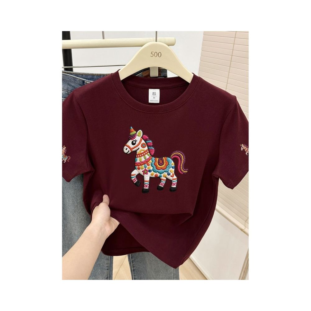 Large size women s 2026 summer new item belly covering round neck fat mm slimming New Year s red pony shoulder short sleeved t shirt