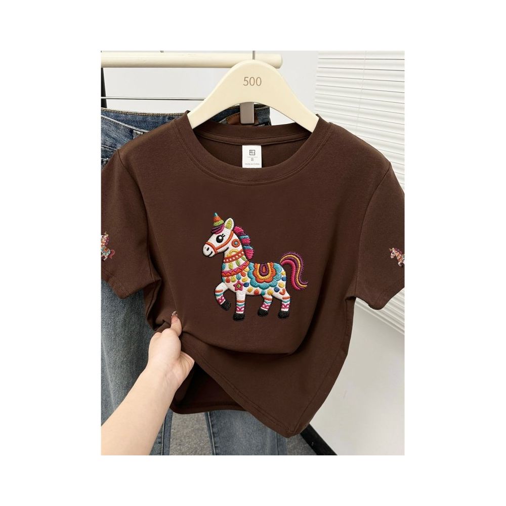 Large size women s 2026 summer new item belly covering round neck fat mm slimming New Year s red pony shoulder short sleeved t shirt