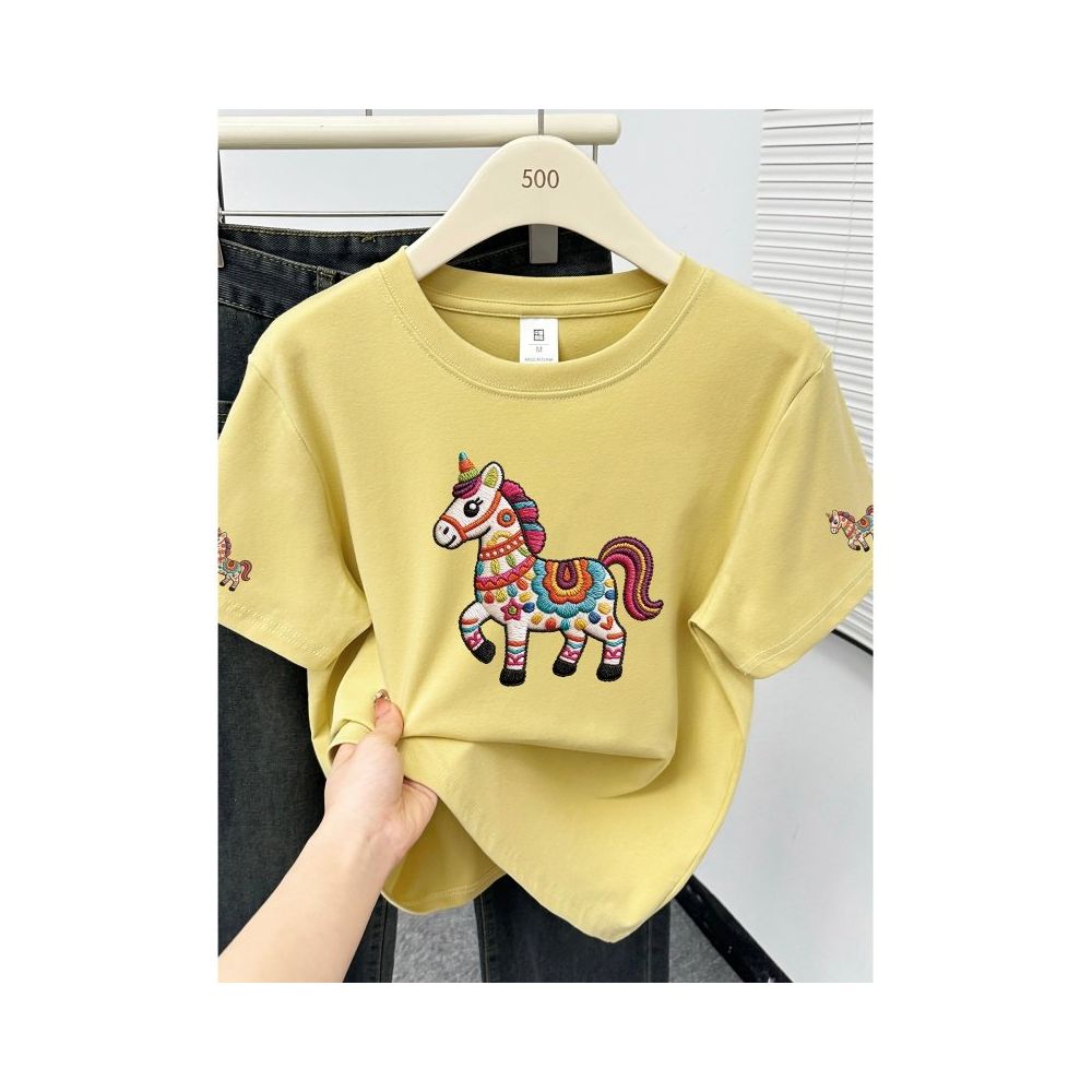 Large size women s 2026 summer new item belly covering round neck fat mm slimming New Year s red pony shoulder short sleeved t shirt
