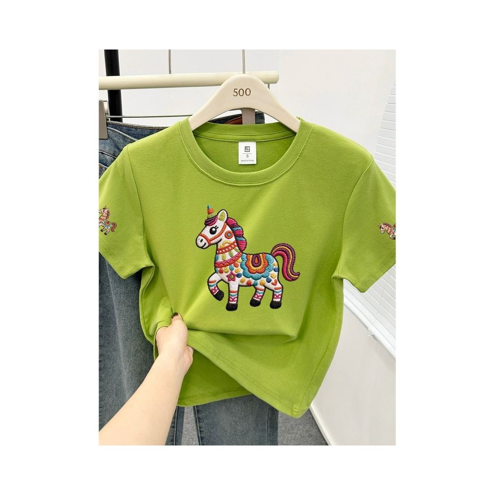 Large size women s 2026 summer new item belly covering round neck fat mm slimming New Year s red pony shoulder short sleeved t shirt