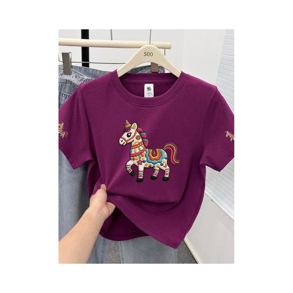 Large size women s 2026 summer new item belly covering round neck fat mm slimming New Year s red pony shoulder short sleeved t shirt