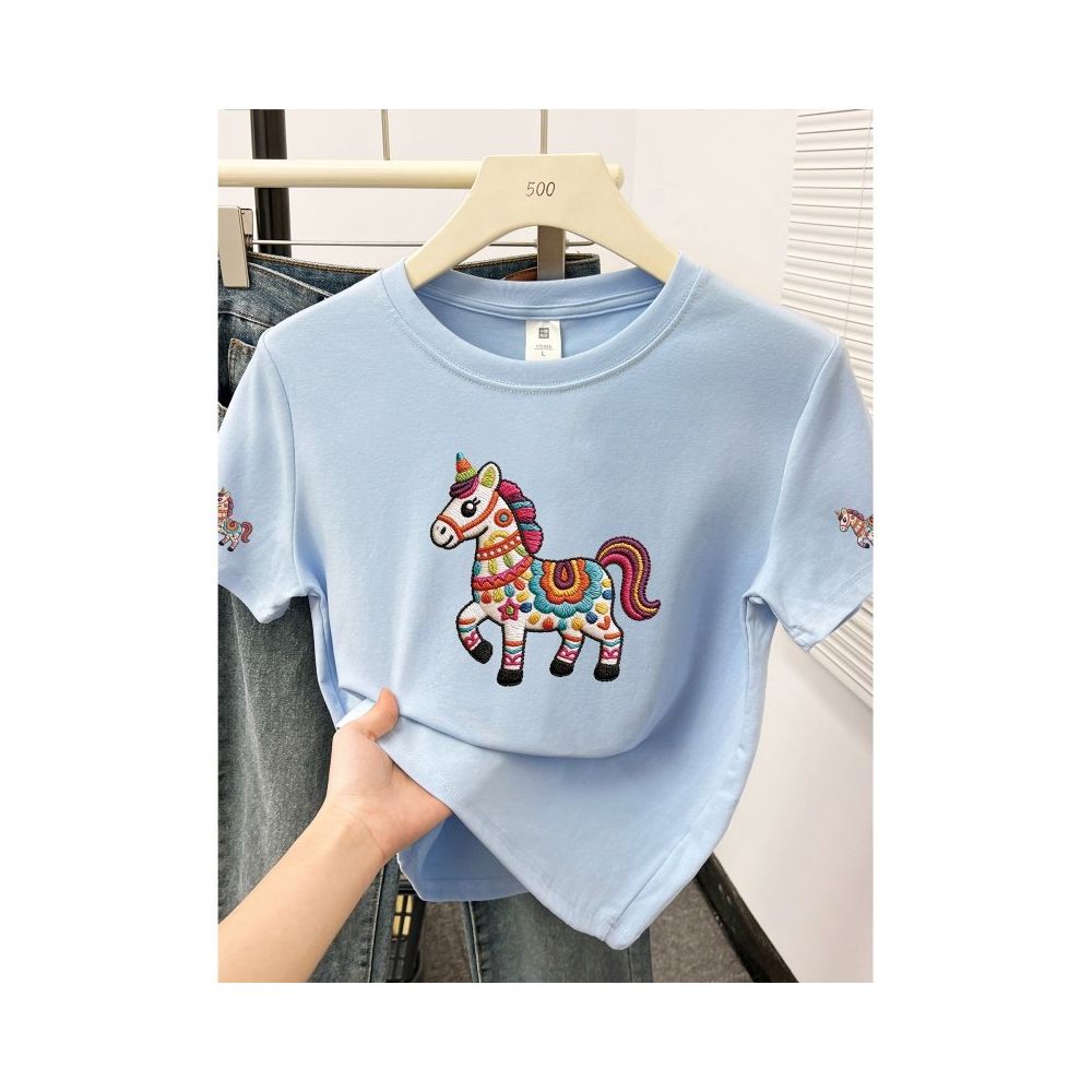 Large size women s 2026 summer new item belly covering round neck fat mm slimming New Year s red pony shoulder short sleeved t shirt