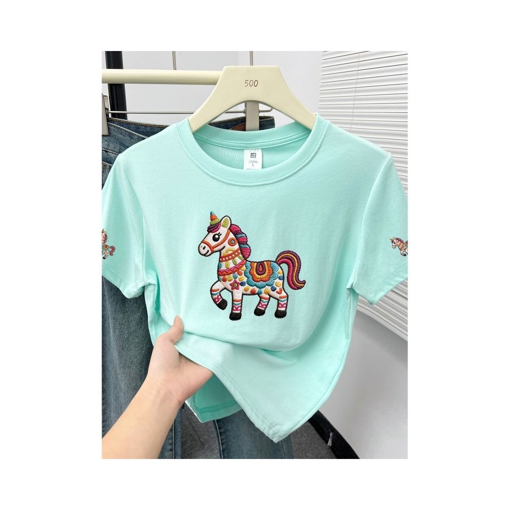 Large size women s 2026 summer new item belly covering round neck fat mm slimming New Year s red pony shoulder short sleeved t shirt