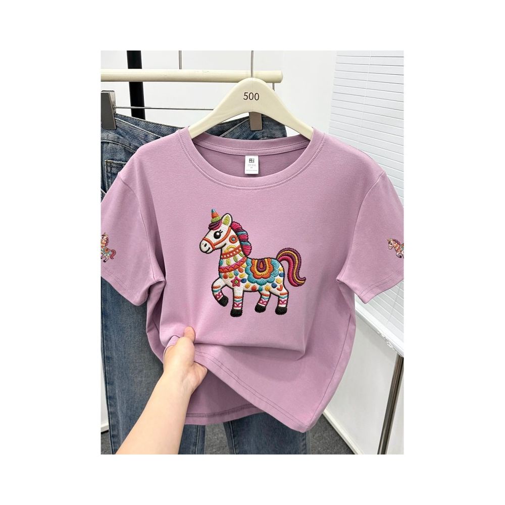Large size women s 2026 summer new item belly covering round neck fat mm slimming New Year s red pony shoulder short sleeved t shirt