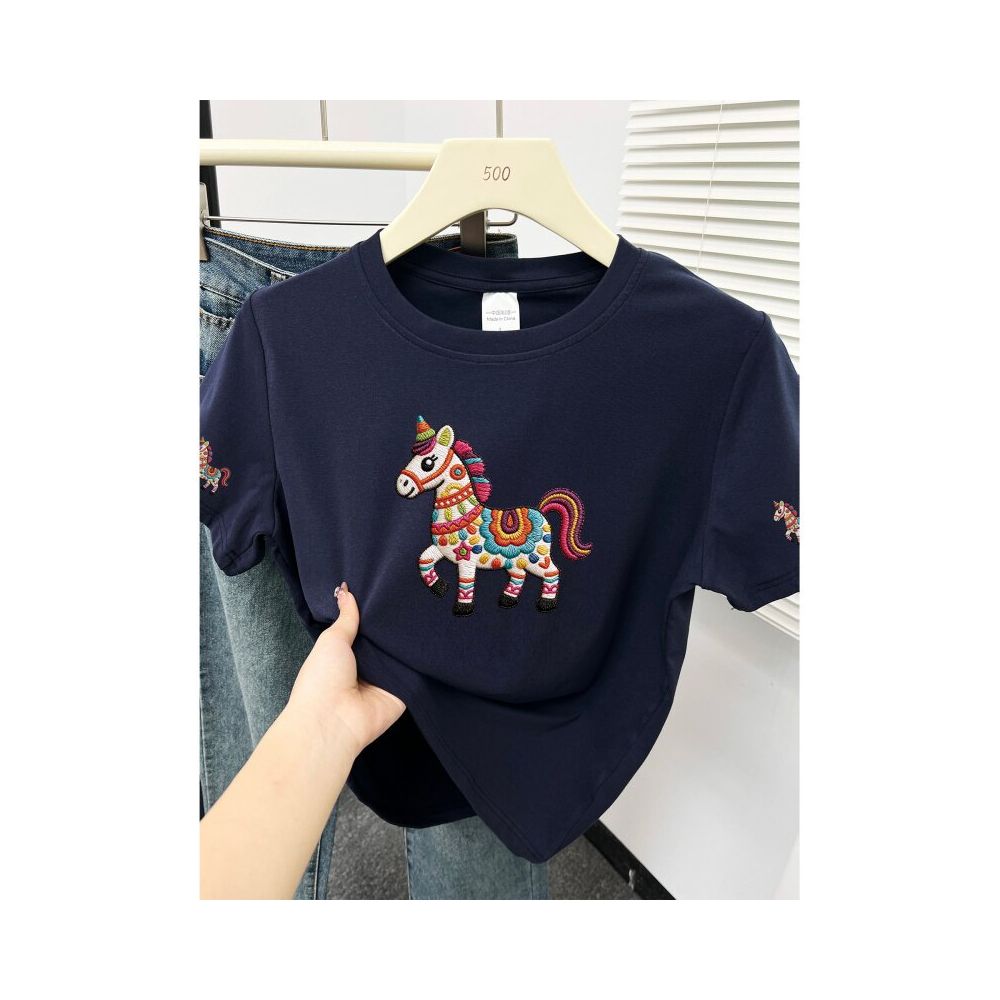 Large size women s 2026 summer new item belly covering round neck fat mm slimming New Year s red pony shoulder short sleeved t shirt