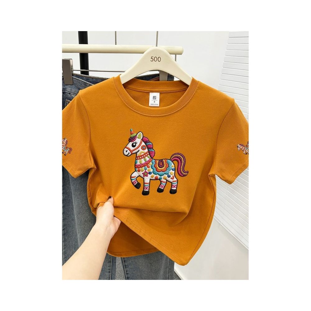 Large size women s 2026 summer new item belly covering round neck fat mm slimming New Year s red pony shoulder short sleeved t shirt