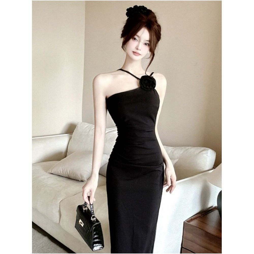 Unique and exquisite irregular suspender flower slim fit dress with a niche design sense strapless hip hugging split mid length skirt image 1