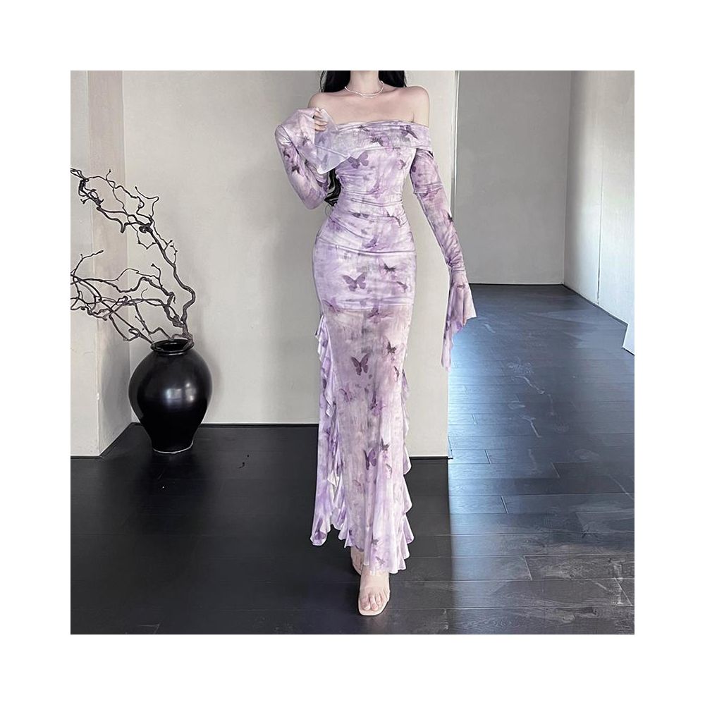 Instanning French Retro Purple Printed Dress Women s Sister Style High End Temperament Off Shoulder Fishtail Skirt image 2