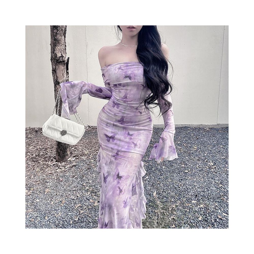 Instanning French Retro Purple Printed Dress Women s Sister Style High End Temperament Off Shoulder Fishtail Skirt image 4