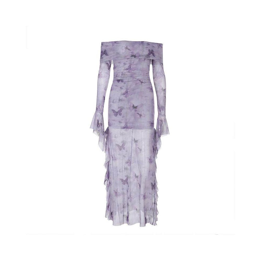 Instanning French Retro Purple Printed Dress Women s Sister Style High End Temperament Off Shoulder Fishtail Skirt image 5