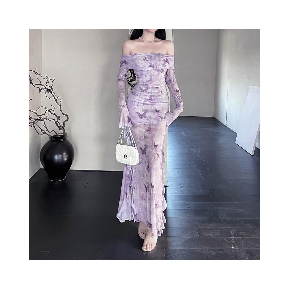 Instanning French Retro Purple Printed Dress Women s Sister Style High End Temperament Off Shoulder Fishtail Skirt