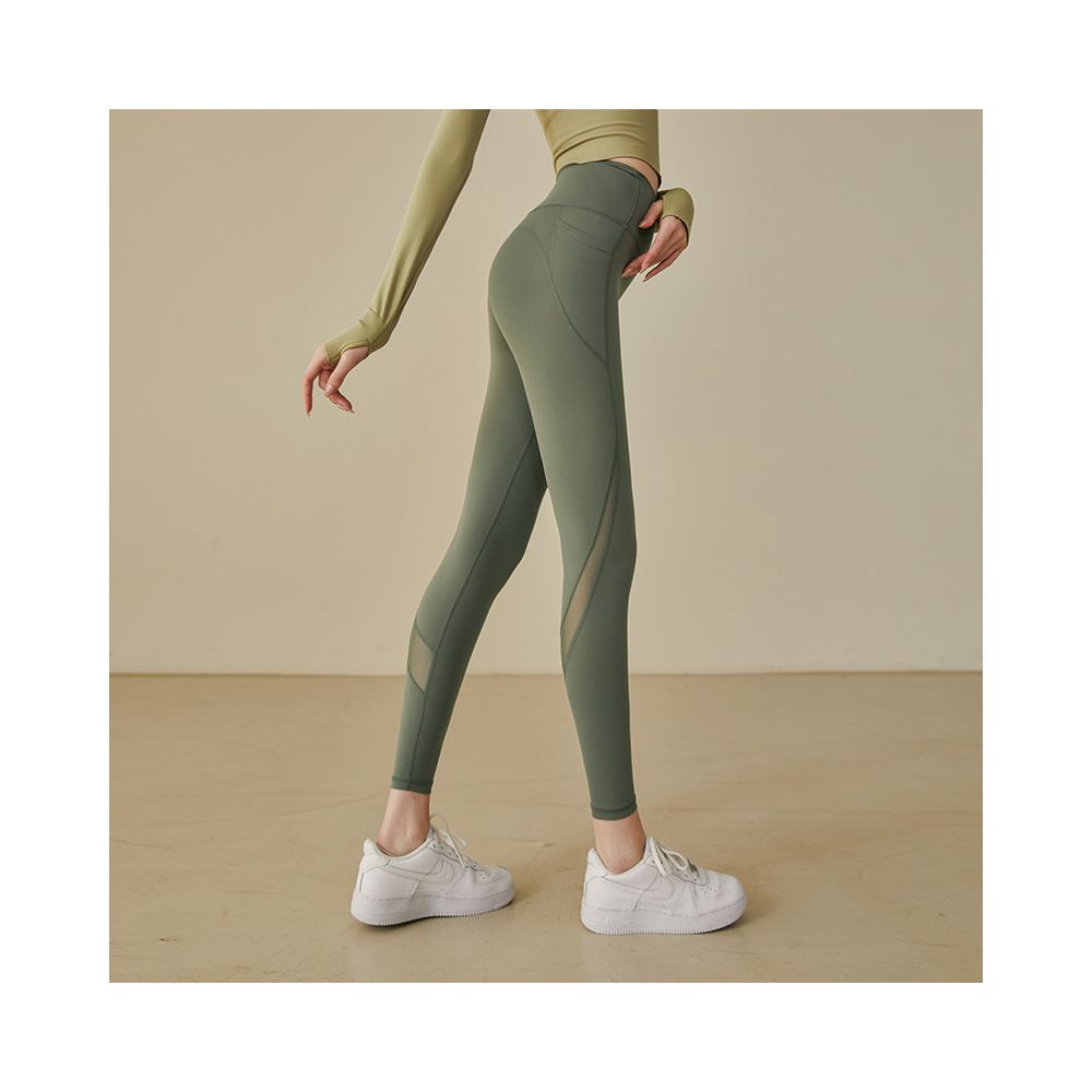 Mesh patchwork yoga pants for women high waist hip lifting elastic tight fitting peach hip running sports thin fit fitness pants for outdoor wear image 4