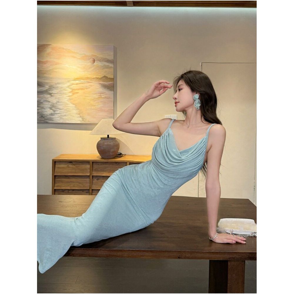 French retro waist cinched pleated temperament sexy backless hanging collar camisole dress for women 2025 new style summer image 1